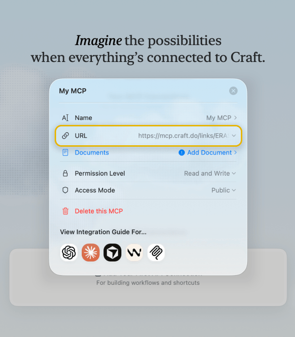 MCP URL displayed at the top