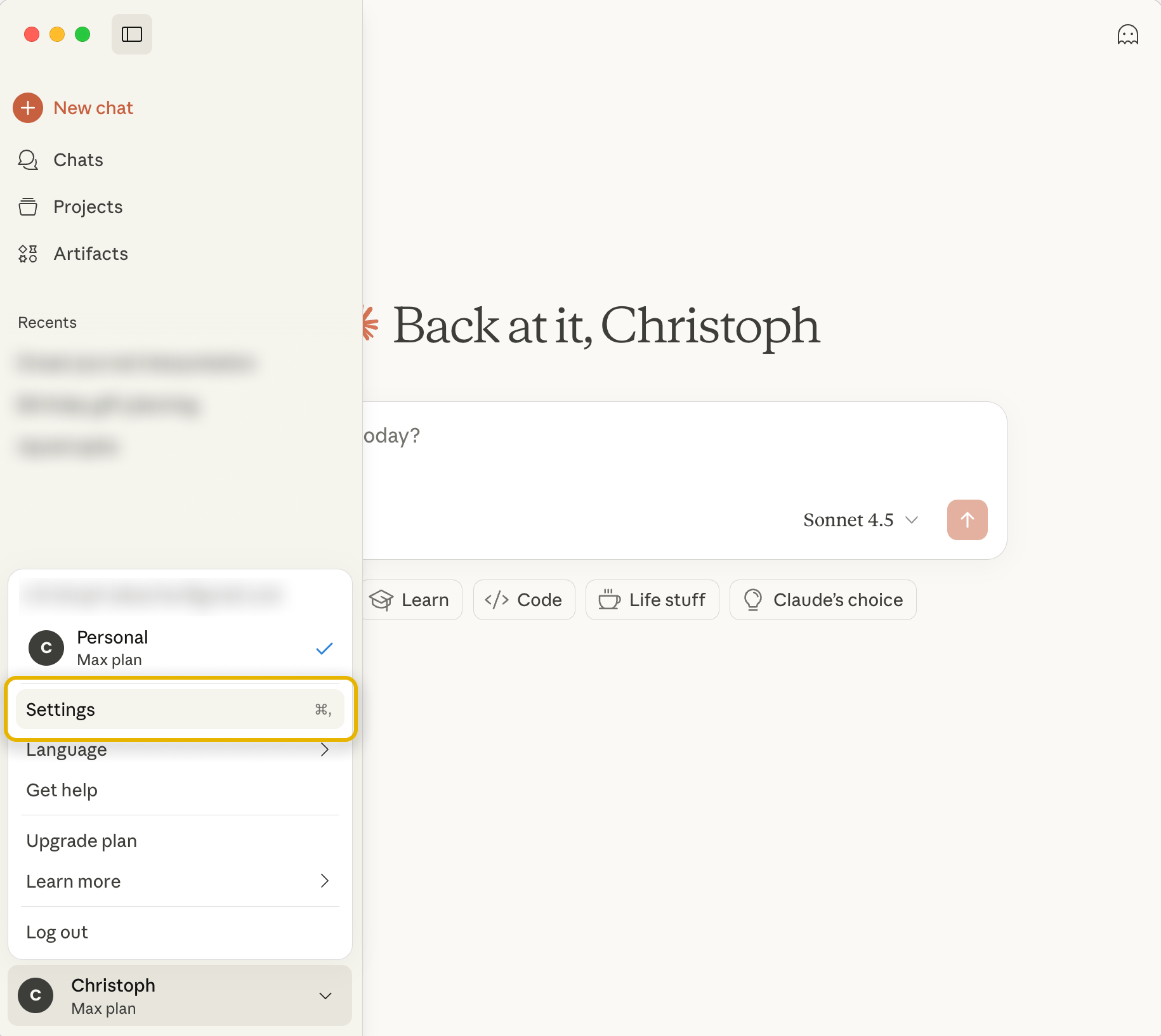 Open Claude’s Settings
