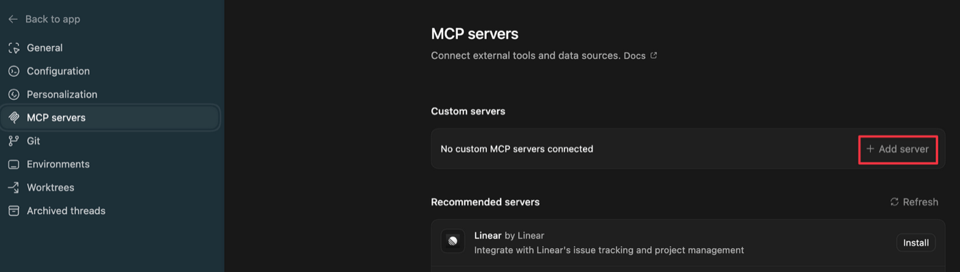Navigate to MCP servers and click Add server