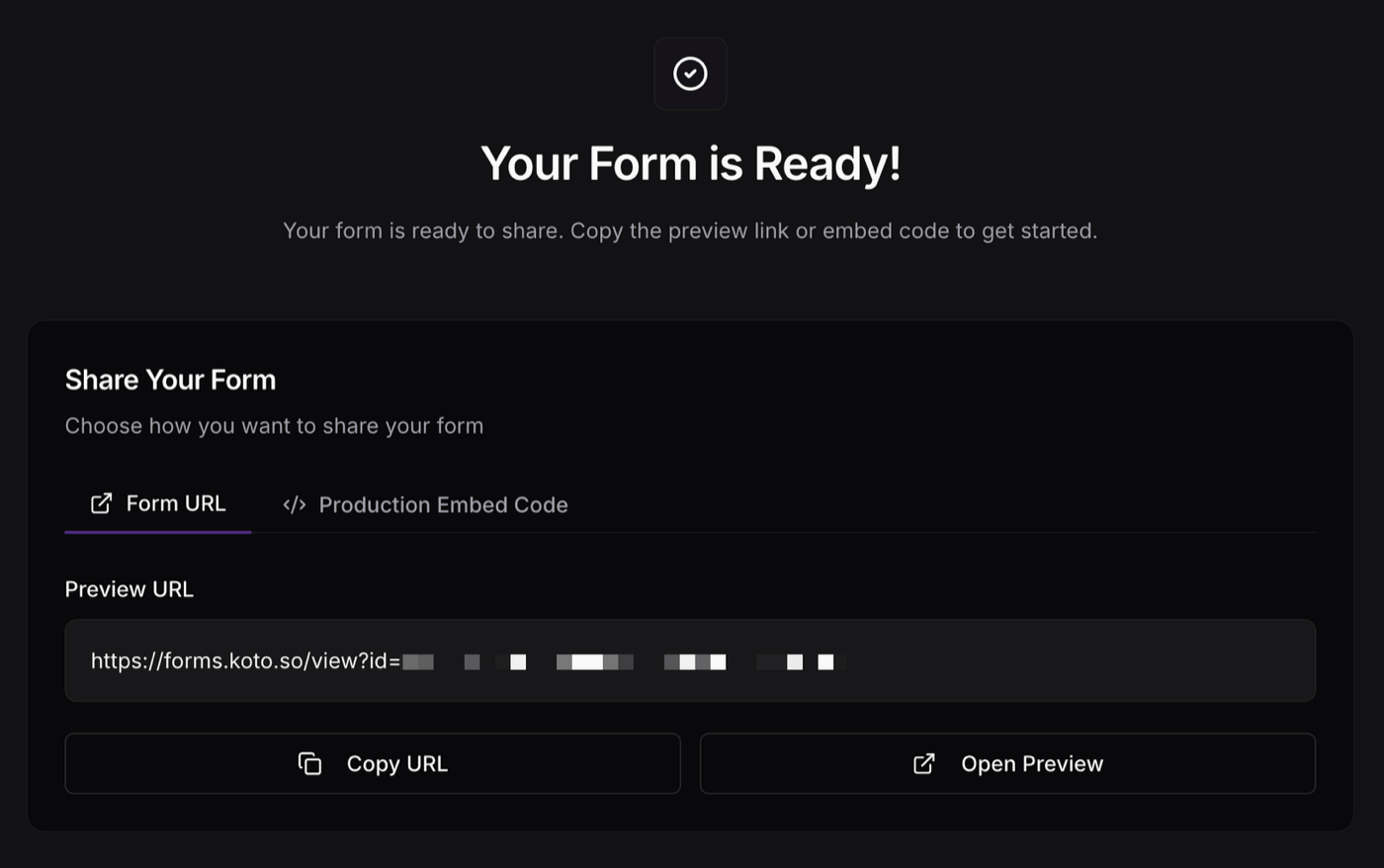 Koto form ready to share with preview URL