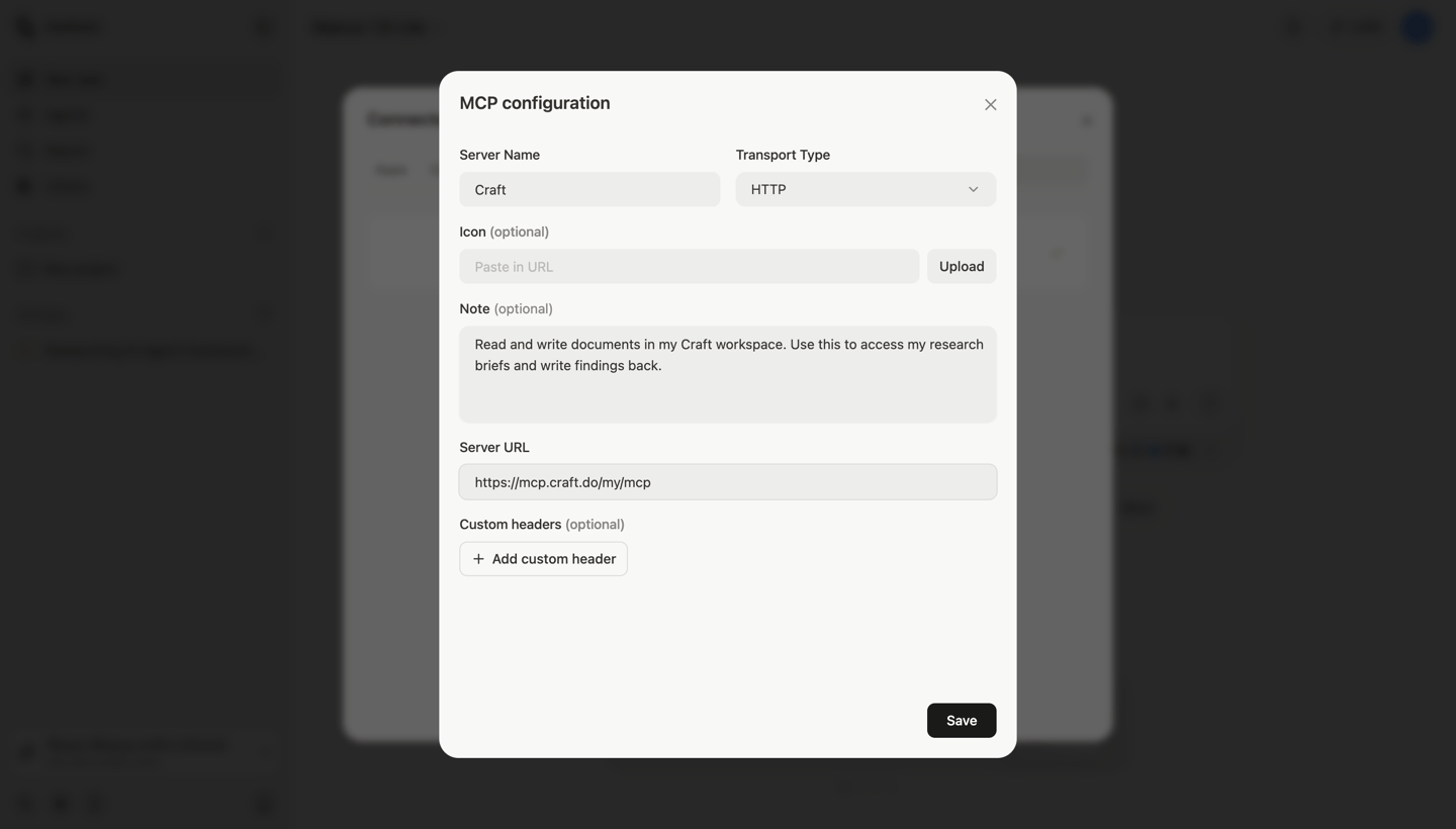 Manus MCP configuration with Craft server URL