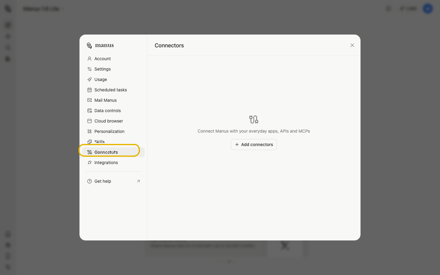 Open Manus Settings and select Connectors