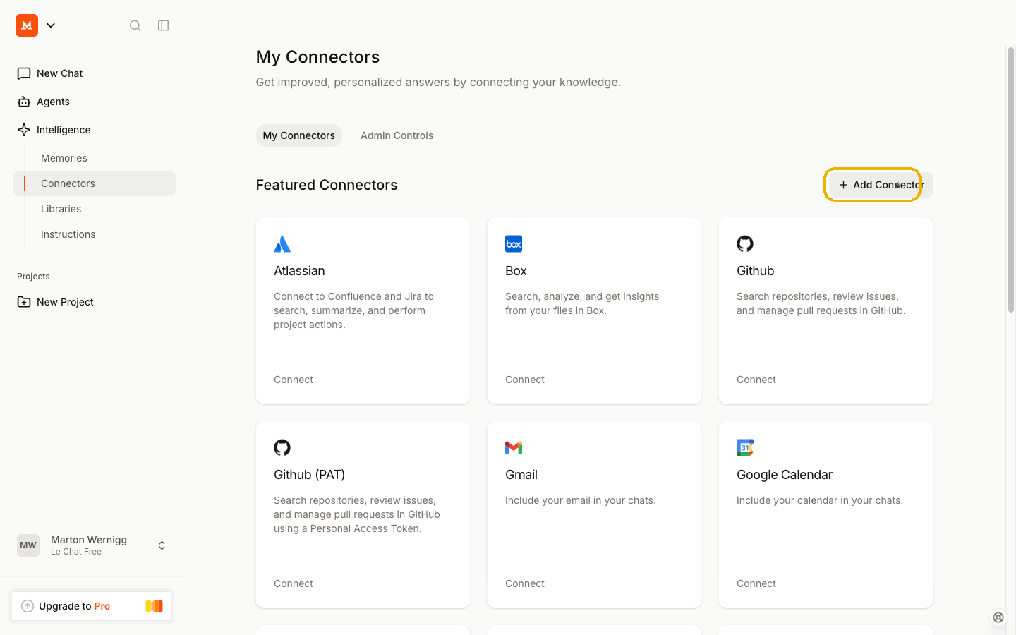 Open Mistral Le Chat Connectors page