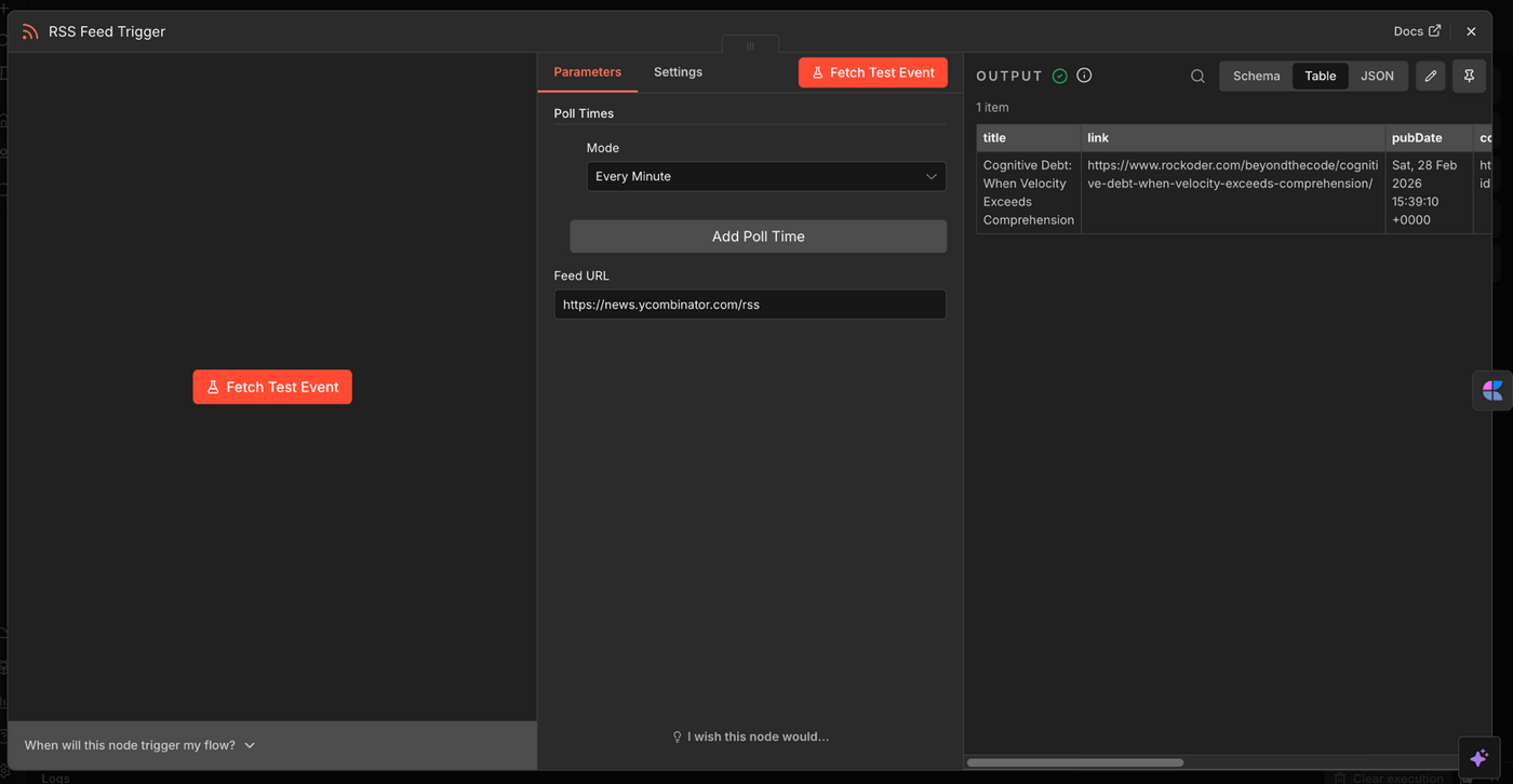 RSS Feed Trigger configured with Hacker News RSS feed, showing test output
