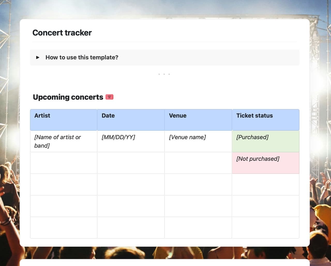 Craft Free Template: Concert tracker 
