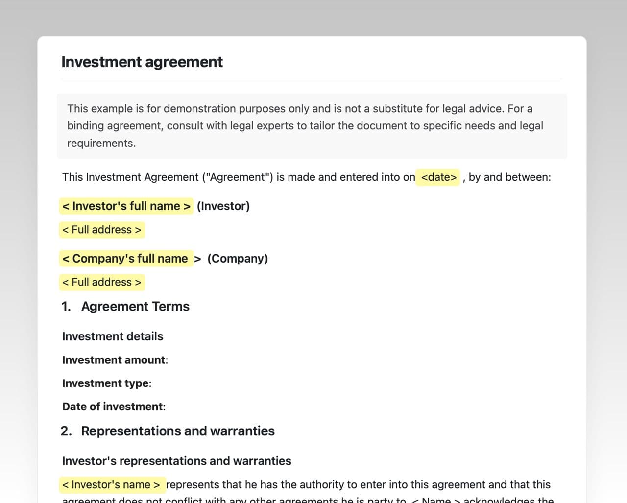 Investment agreement template in Craft showing the contents of the agreement.