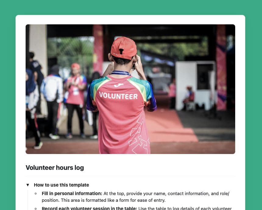 Craft Free Template: Volunteer hours log