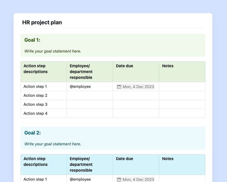 HR project plan in Craft